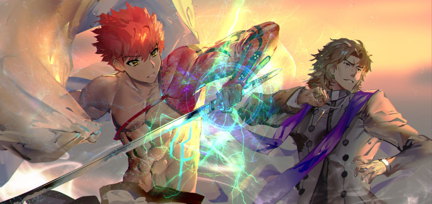 2boys brown_hair clenched_hand cross cross_necklace energy fate/grand_order fate_(series) fighting_stance jewelry katana kotomine_kirei male_focus multiple_boys muscle necklace priest redhead sengo_muramasa_(fate) shirtless single_sleeve sword weapon yoshimoto_(dear_life)
