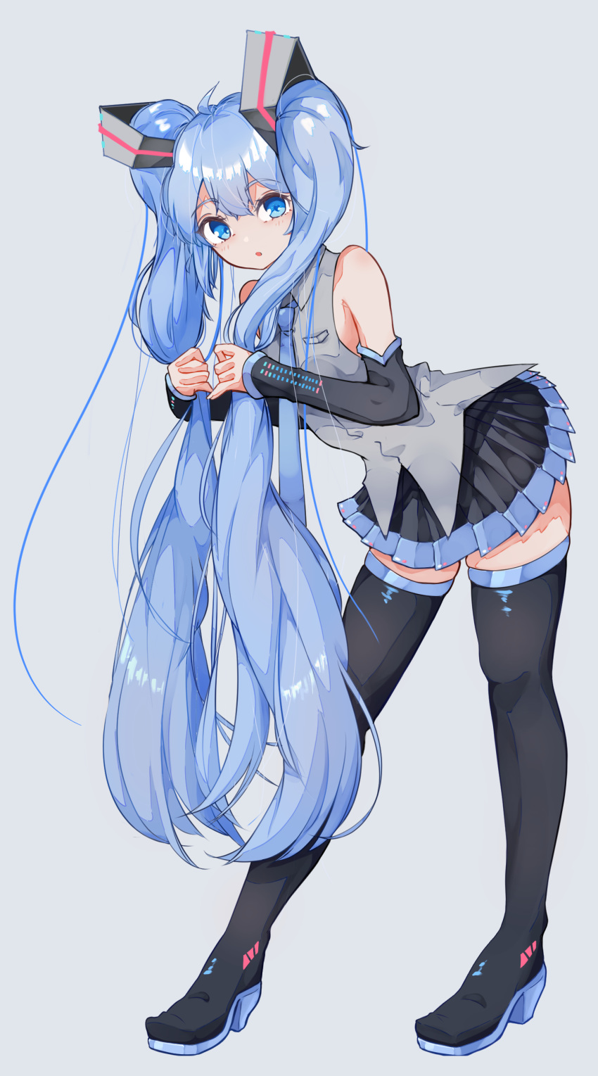 1girl :o absurdres bangs bare_shoulders black_footwear black_legwear black_skirt black_sleeves blue_eyes blue_hair boots collared_shirt commentary detached_sleeves eyebrows_visible_through_hair full_body grey_background grey_shirt hair_between_eyes hair_ornament hatsune_miku highres leaning_forward long_hair long_sleeves looking_at_viewer parted_lips pleated_skirt shirt simple_background skirt sleeveless sleeveless_shirt sleeves_past_wrists solo standing thigh-highs thigh_boots twintails very_long_hair vocaloid yusake_san