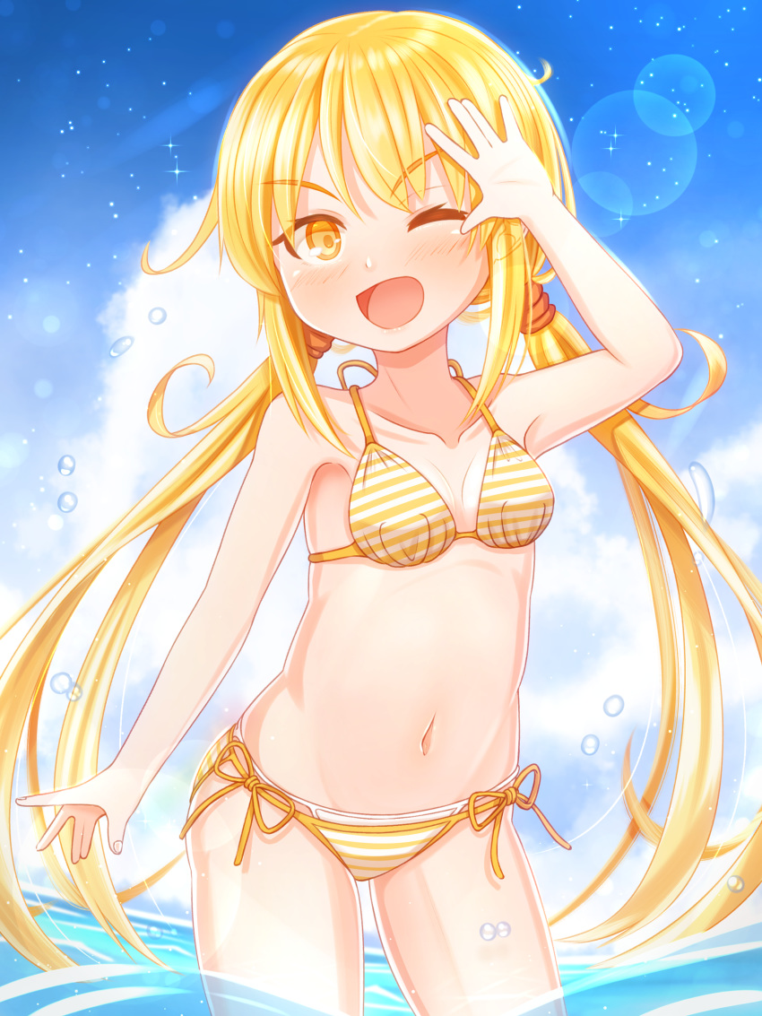 1girl absurdres bikini blonde_hair blush clouds collarbone cowboy_shot day eyebrows_visible_through_hair groin hair_between_eyes highres kantai_collection long_hair low_twintails navel ocean one_eye_closed open_mouth partially_submerged satsuki_(kantai_collection) side-tie_bikini smile solo sparkle striped striped_bikini suzushiro_(gripen39) swimsuit twintails water water_drop yellow_eyes