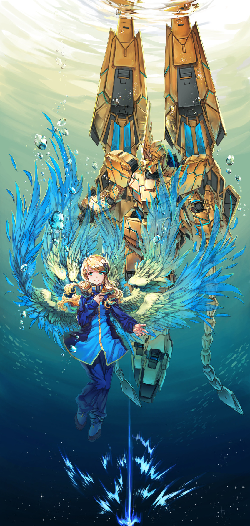 1girl absurdres blonde_hair blue_eyes golden_wings greatwhite1122 gundam gundam_narrative hand_on_own_chest highres huge_filesize looking_down mecha mechanical_wings multiple_wings open_hand reflection revision rita_bernal underwater unicorn_gundam_phenex visor wings