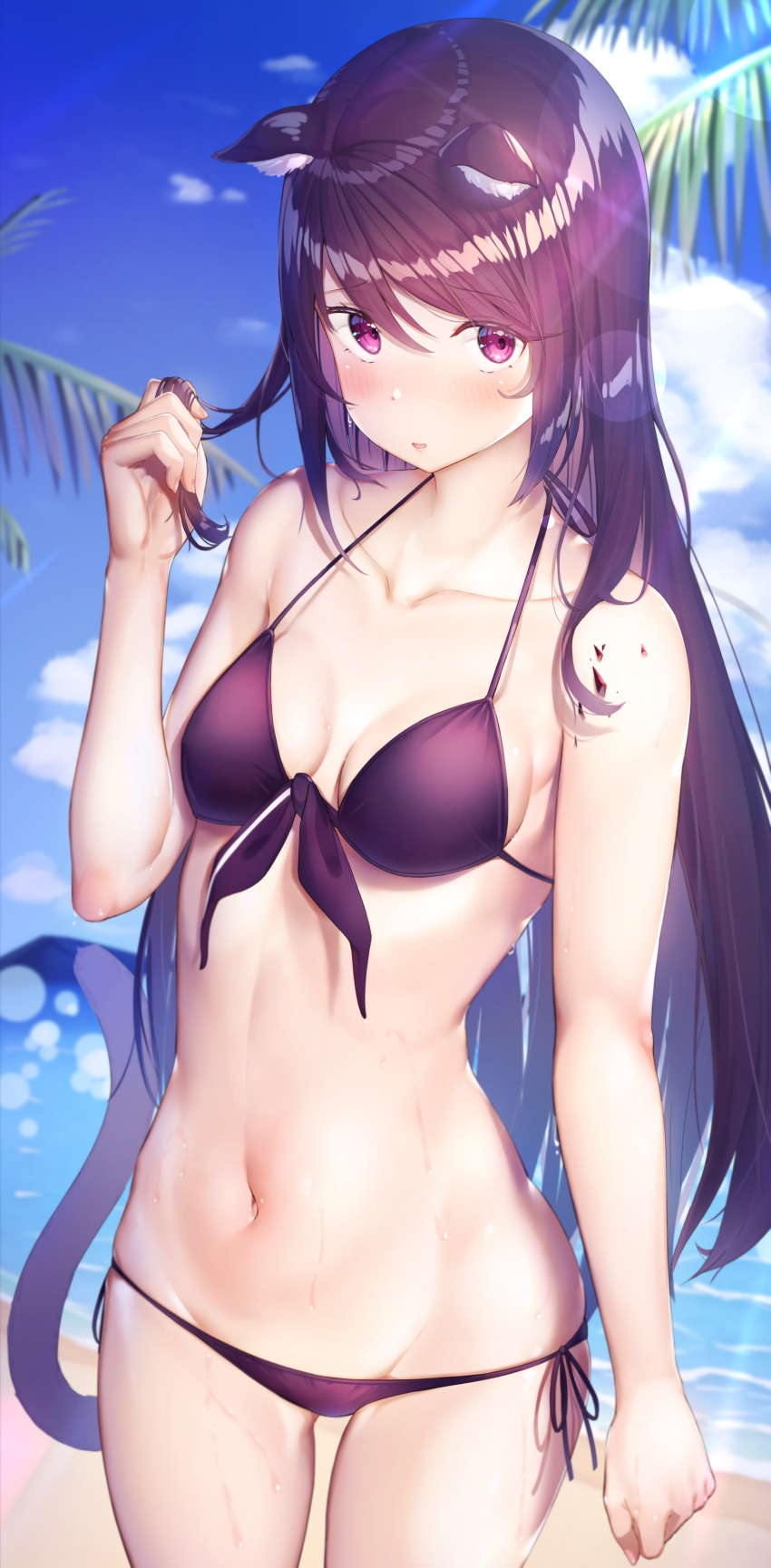 1girl absurdres animal_ears arknights bangs bare_arms bare_shoulders bikini blue_sky blush breasts cat_ears cat_tail clouds collarbone commentary_request cowboy_shot day eyebrows_visible_through_hair front-tie_bikini front-tie_top groin hair_between_eyes halterneck hand_up highres long_hair looking_at_viewer melantha_(arknights) navel parted_lips partial_commentary purple_bikini purple_hair side-tie_bikini sky small_breasts solo standing stomach swimsuit tail takechii_(user_fpya5735) thighs very_long_hair violet_eyes