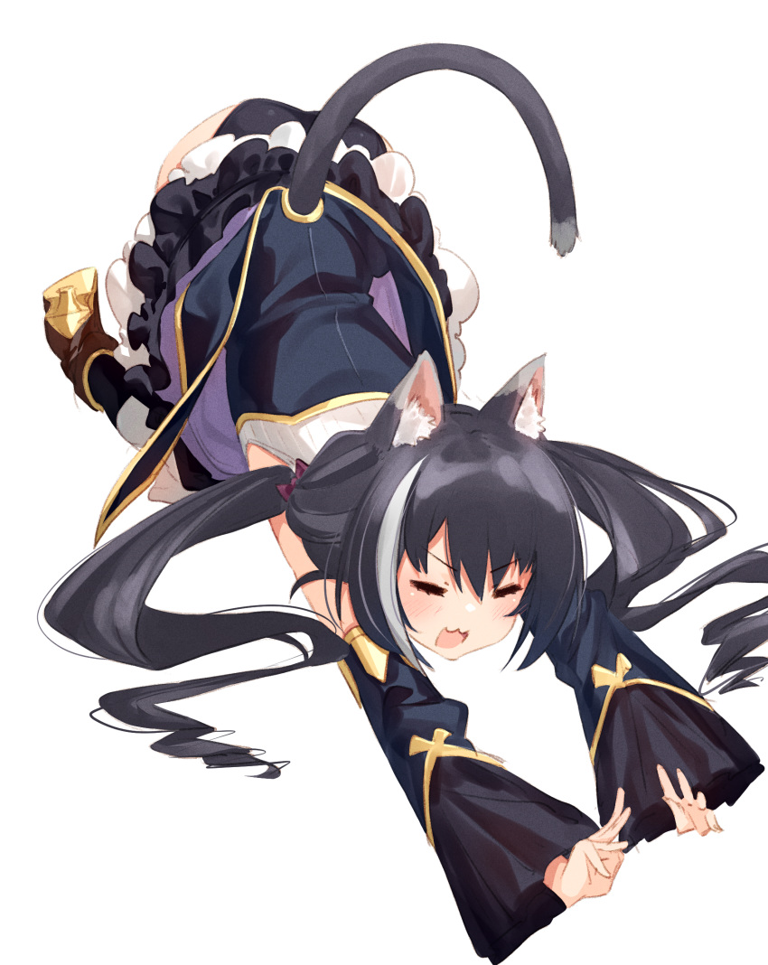 1girl :3 =_= animal_ear_fluff animal_ears black_hair black_panties cat_ears cat_girl cat_tail commentary detached_sleeves eyebrows_visible_through_hair full_body highres karyl_(princess_connect!) kei_(soundcross) long_hair low_twintails multicolored_hair open_mouth panties princess_connect! princess_connect!_re:dive simple_background solo streaked_hair stretch tail twintails underwear white_background white_hair wide_sleeves
