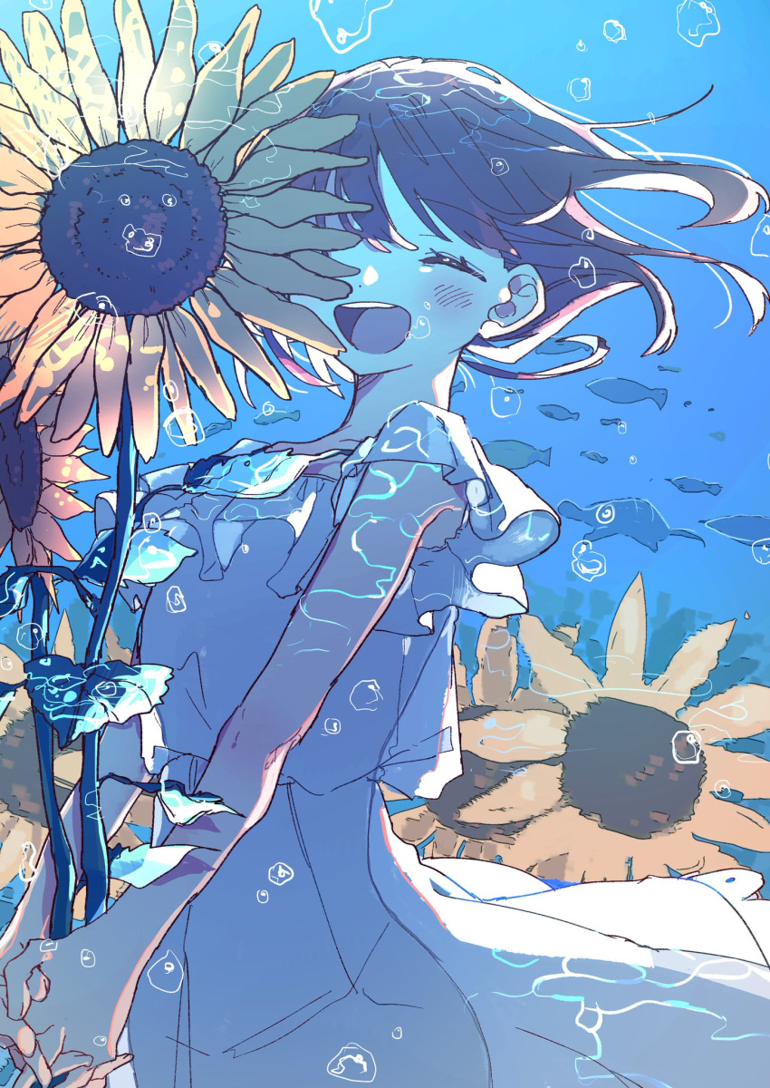 1girl ^_^ closed_eyes fish floating_hair flower highres i7 open_mouth original smile solo sunflower underwater