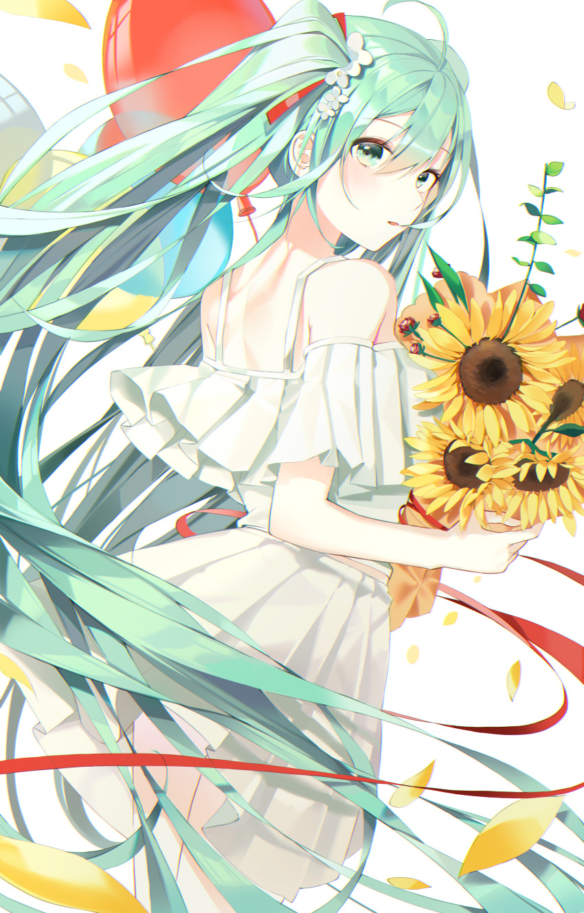 1girl absurdres ahoge balloon bangs bouquet buri_(retty9349) dress eyebrows_visible_through_hair flower frilled_dress frills from_behind green_eyes green_hair hair_ornament hair_ribbon hatsune_miku highres holding holding_flower leaf long_hair looking_at_viewer looking_back parted_lips petals red_ribbon ribbon simple_background solo standing sunflower twintails very_long_hair vocaloid white_background white_dress