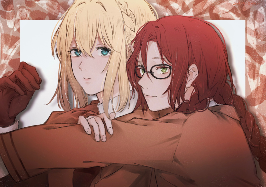 2girls amy_bartlett artist_request blonde_hair blue_eyes brown_gloves brown_hair brown_jacket glasses gloves green_eyes highres hug jacket looking_at_viewer multiple_girls parted_lips smile violet_evergarden violet_evergarden_(character)