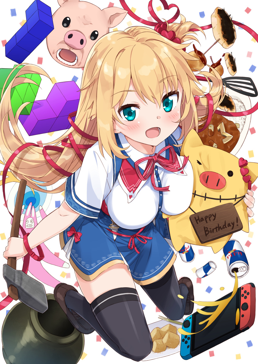 1girl :d absurdres akai_haato aqua_eyes bangs blonde_hair blue_skirt blush breasts brown_footwear can cauldron collared_shirt commentary_request curry curry_rice energy_drink eyebrows_visible_through_hair food full_body getting_over_it grey_legwear haaton_(haato_channel) hair_between_eyes hair_ornament hair_ribbon happy_birthday heart heart_hair_ornament highres holding hololive loafers long_hair looking_at_viewer medium_breasts mousou_(mousou_temporary) neck_ribbon nintendo_switch one_side_up open_mouth pig plate red_bull red_ribbon ribbon rice shirt shoes short_sleeves sign sign_around_neck skirt sledgehammer smile striped striped_ribbon tetris thigh-highs very_long_hair virtual_youtuber white_shirt