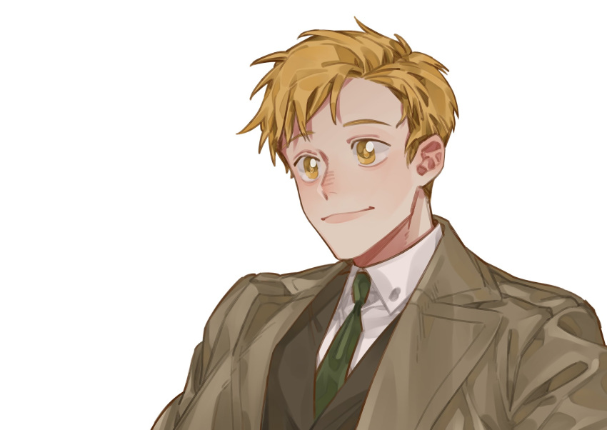 1013_1014rt 1boy alphonse_elric arms_at_sides black_vest blonde_hair brown_coat close-up closed_mouth coat collared_shirt fullmetal_alchemist green_neckwear happy highres lips looking_afar male_focus necktie open_clothes open_coat shaded_face shirt simple_background smile tareme upper_body vest white_background white_shirt yellow_eyes
