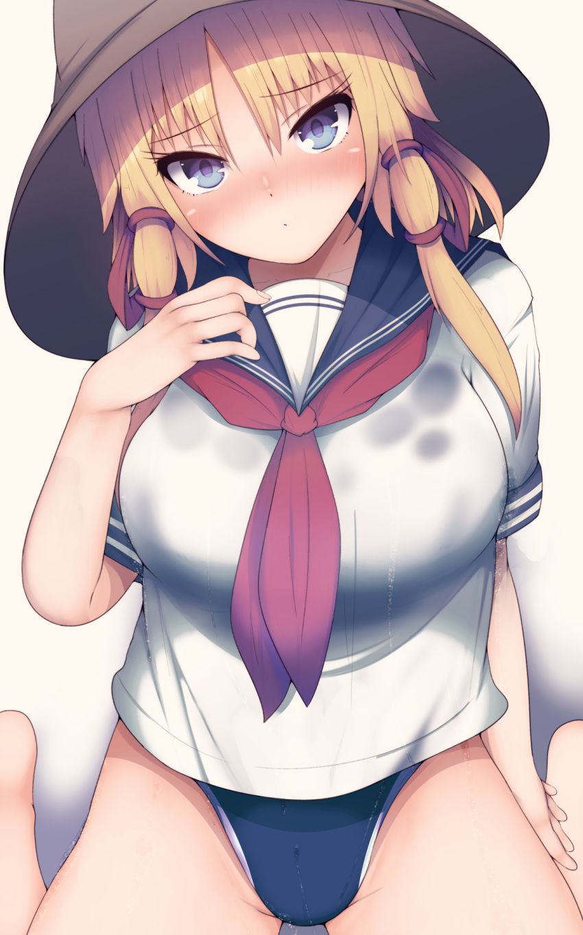 1girl bangs blonde_hair blue_sailor_collar blue_swimsuit commentary_request competition_swimsuit darumoon grey_eyes hand_on_hip hat highleg highleg_swimsuit highres looking_at_viewer moriya_suwako neckerchief one-piece_swimsuit parted_bangs red_neckwear sailor_collar sailor_shirt school_uniform serafuku shirt short_hair simple_background sitting solo swimsuit swimsuit_under_clothes touhou wariza white_background