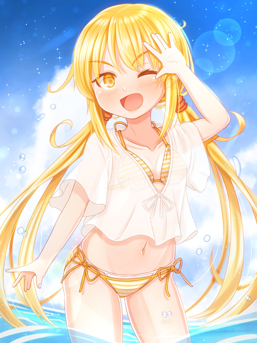 1girl absurdres bikini blonde_hair blush clouds collarbone cowboy_shot day eyebrows_visible_through_hair groin hair_between_eyes highres kantai_collection long_hair low_twintails navel ocean one_eye_closed open_mouth partially_submerged satsuki_(kantai_collection) see-through short_sleeves side-tie_bikini smile solo sparkle striped striped_bikini suzushiro_(gripen39) swimsuit twintails water water_drop yellow_eyes