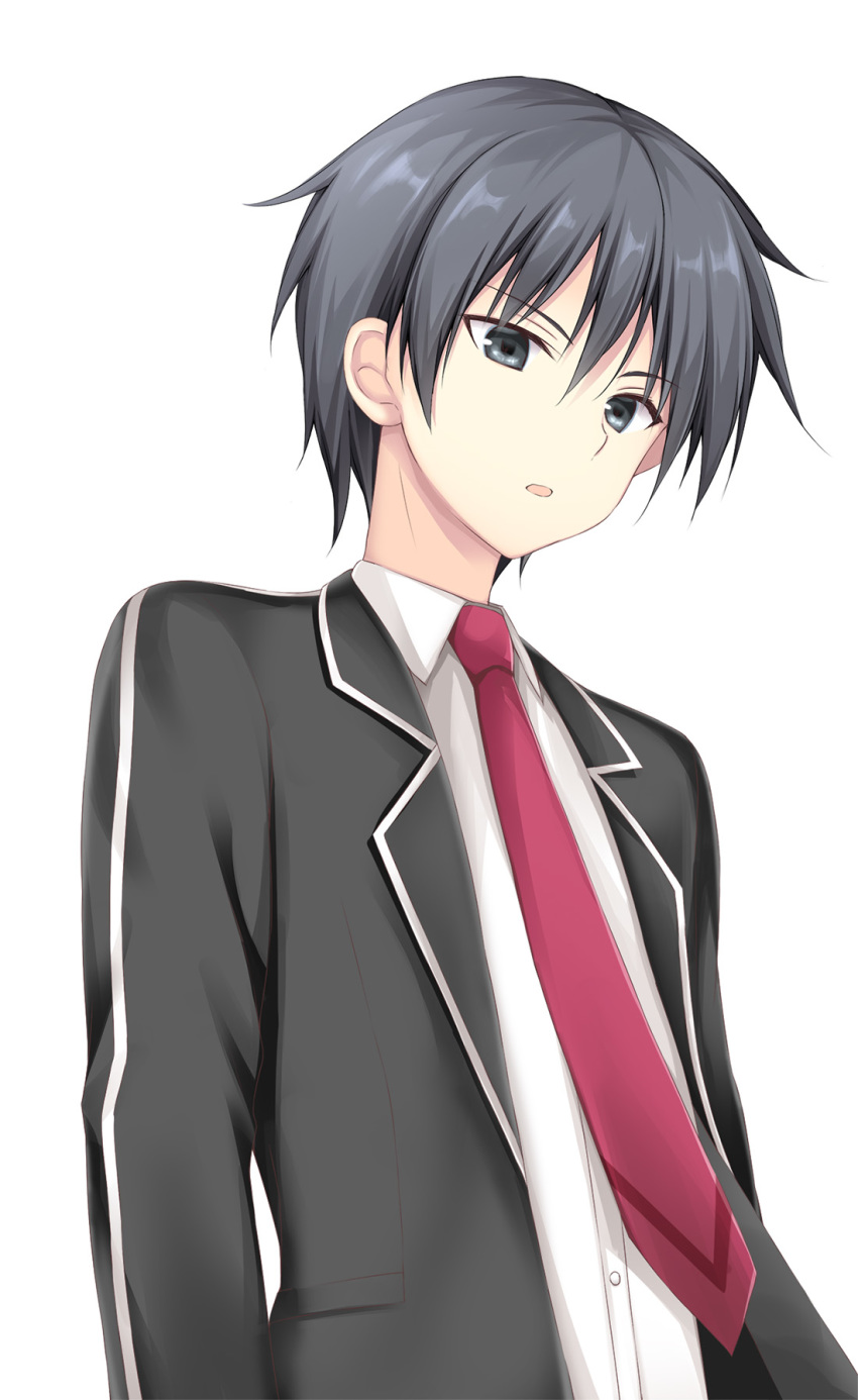 1boy bangs black_hair black_jacket collared_shirt copyright_request dress_shirt eyebrows_visible_through_hair grey_eyes hair_between_eyes highres jacket korie_riko looking_at_viewer male_focus necktie open_clothes open_jacket parted_lips red_neckwear shirt simple_background solo upper_body white_background white_shirt