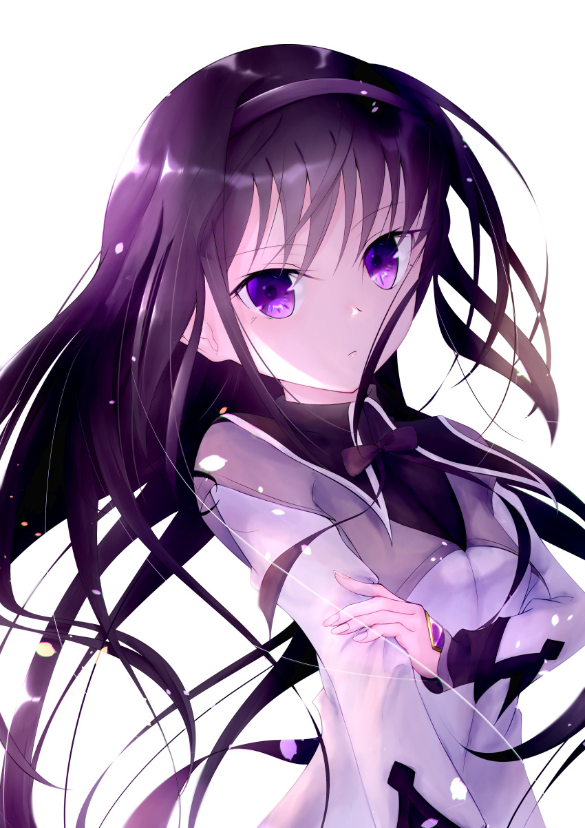 1girl absurdres akemi_homura black_hair eyebrows_visible_through_hair highres long_hair looking_at_viewer magia_record:_mahou_shoujo_madoka_magica_gaiden magical_girl mahou_shoujo_madoka_magica meen_(ouaughikepdvrsf) solo violet_eyes white_background