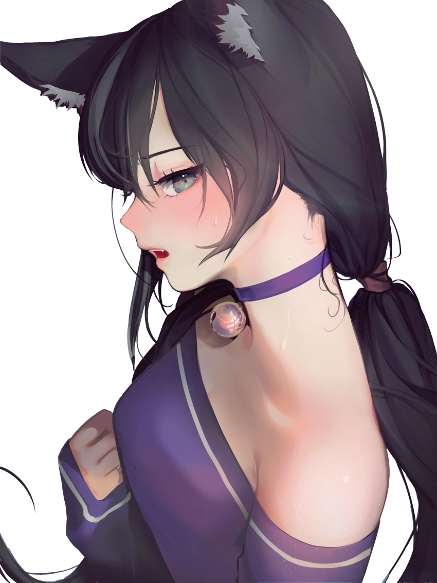 1girl absurdres animal_ear_fluff animal_ears bangs bare_shoulders bell bell_choker black_hair blush breasts cat_ears choker collarbone dress fang green_eyes guunhanchi hair_tie hand_up highres jingle_bell karyl_(princess_connect!) long_hair long_sleeves looking_at_viewer low_twintails multicolored_hair off-shoulder_dress off_shoulder open_mouth princess_connect! princess_connect!_re:dive small_breasts solo streaked_hair sweatdrop twintails very_long_hair white_hair