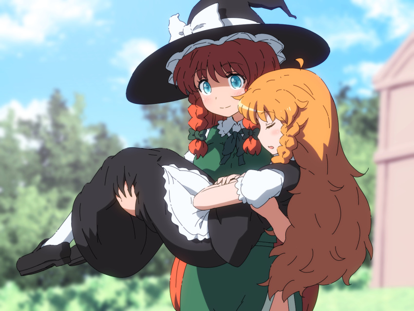 2girls black_footwear black_skirt black_vest blonde_hair blue_sky blurry blurry_background braid carrying clouds commentary_request day eyebrows_visible_through_hair green_eyes green_skirt green_vest hat headwear_switch hong_meiling kirisame_marisa light_smile long_hair looking_at_another multiple_girls outdoors pantyhose parted_lips princess_carry puffy_short_sleeves puffy_sleeves redhead shirosato shirt short_sleeves single_braid skirt sky sleeping touhou tree twin_braids very_long_hair vest white_legwear white_shirt witch_hat