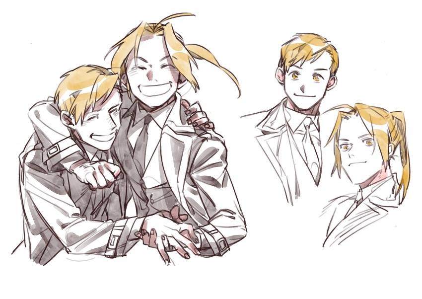1013_1014rt 2boys :d ^_^ ahoge alphonse_elric arm_around_neck arm_behind_back bangs blonde_hair blush brothers clenched_hand clenched_teeth closed_eyes coat collared_coat collared_shirt cropped_shoulders cropped_torso dress_shirt edward_elric eyebrows_visible_through_hair facing_viewer fingernails fullmetal_alchemist hand_on_another's_shoulder happy high_ponytail highres holding_hands jacket laughing light_smile looking_afar looking_at_viewer male_focus monochrome multiple_boys necktie open_clothes open_jacket open_mouth ponytail shaded_face shiny shiny_hair shirt siblings simple_background smile spot_color swept_bangs teeth vest white_background yellow_theme