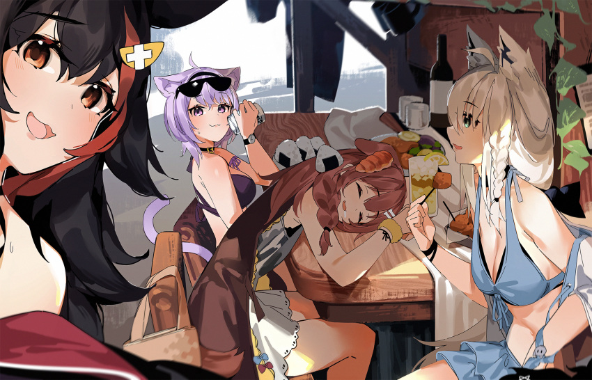 4girls :3 :d animal_ear_fluff animal_ears aqua_eyes bangs bare_shoulders bikini black_hair blue_bikini bone_hair_ornament bottle braid brown_eyes brown_hair cat cat_girl cat_tail chocolate_cornet closed_eyes collar dog_ears dog_tail dress drink eating eyewear_on_head food fox_ears fox_girl front-tie_bikini front-tie_top hair_between_eyes hair_ornament highres holding hololive hololive_gamers inugami_korone long_hair looking_at_another looking_at_viewer low_twin_braids mania_(fd6060_60) medium_hair multicolored_hair multiple_girls nekomata_okayu onigiri ookami_mio open_mouth purple_bikini purple_hair redhead saliva scrunchie shirakami_fubuki short_hair sitting sleeping smile streaked_hair sunglasses swimsuit tail tongue very_long_hair violet_eyes virtual_youtuber watch white_dress white_hair wine_bottle wolf_girl wrist_scrunchie yellow_scrunchie