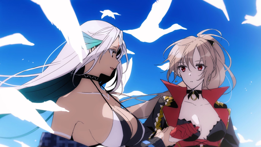 amazuki_jou azur_lane bikini bikini_top bird body_markings bodypaint breasts center_opening choker earrings facial_mark feather_hair_ornament feathers forehead_mark gloves hair_feathers half_gloves highres jacket jean_bart_(azur_lane) jewelry large_breasts light_brown_hair massachusetts_(azur_lane) native_american orange_eyes ponytail red_eyes swimsuit white_hair yuri