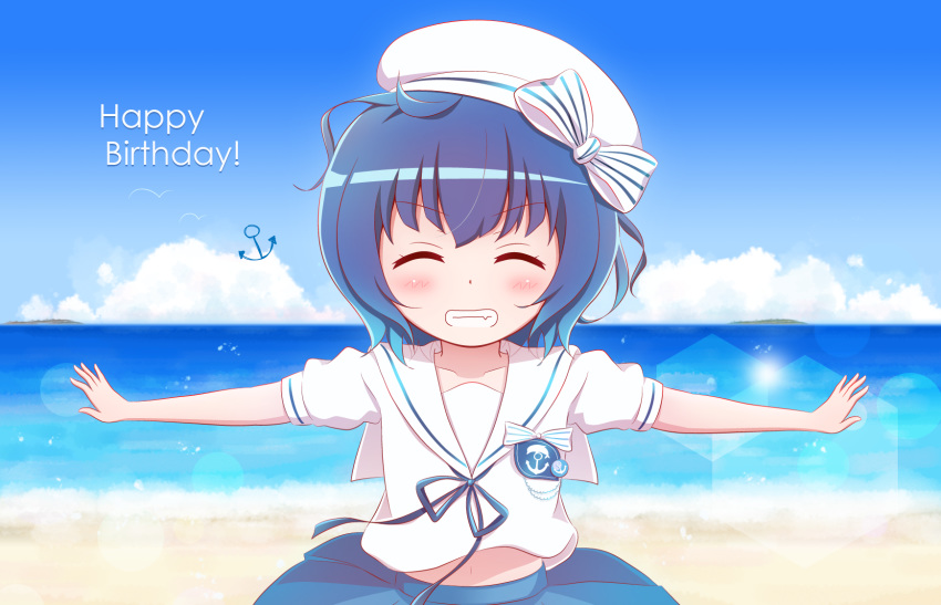 1girl ^_^ anchor anchor_symbol bangs beret blue_ribbon blue_skirt blue_sky blush bow closed_eyes clouds collarbone commentary_request day eyebrows_visible_through_hair facing_viewer gochuumon_wa_usagi_desu_ka? goth_risuto grin happy_birthday hat hat_bow highres horizon jouga_maya neck_ribbon ocean outdoors outstretched_arms pleated_skirt puffy_short_sleeves puffy_sleeves ribbon sailor_collar school_uniform serafuku shirt short_sleeves skirt sky smile solo spread_arms striped striped_bow v-shaped_eyebrows water white_headwear white_sailor_collar white_shirt