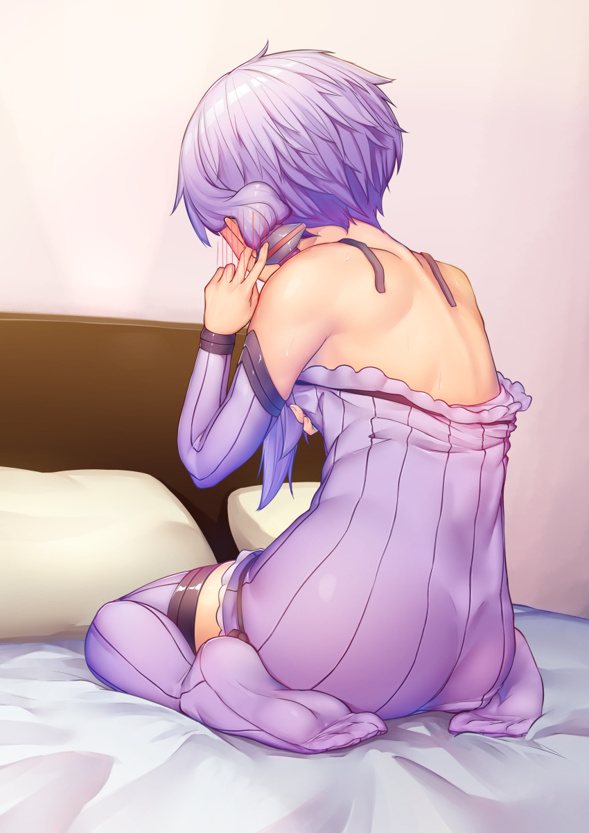 1girl absurdres ass back bare_shoulders bed_sheet blush breast_hold breasts commentary_request detached_sleeves dress embarrassed from_behind full_body gradient_hair grey_background hand_up highres long_sleeves multicolored_hair nichesnake no_shoes on_bed pillow purple_dress purple_hair purple_legwear short_hair_with_long_locks sidelocks solo thigh-highs voiceroid yuzuki_yukari