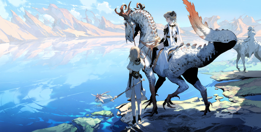 armor blonde_hair blue_sky bridal_gauntlets bridal_legwear bug cape clouds creature from_behind full_body glacier helmet highres hirooka_masaki holding horizon insect medium_hair original ponytail reflective_water riding scales scenery shadow sky standing thigh-highs water
