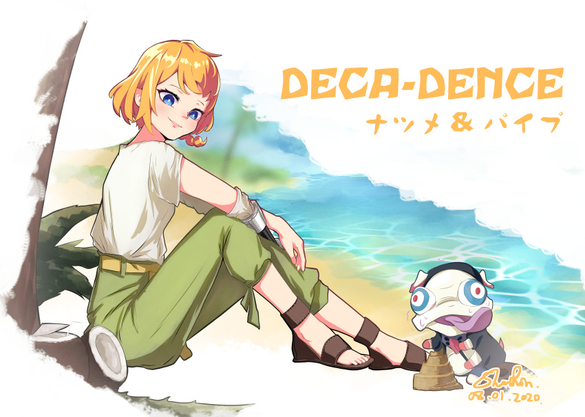 1girl absurdres character_name copyright_name creature dated decadence_(anime) highres looking_down natsume_(decadence) orange_hair pipe_(decadence) prosthesis prosthetic_arm rn9 sand_castle sand_sculpture sandals sitting smile