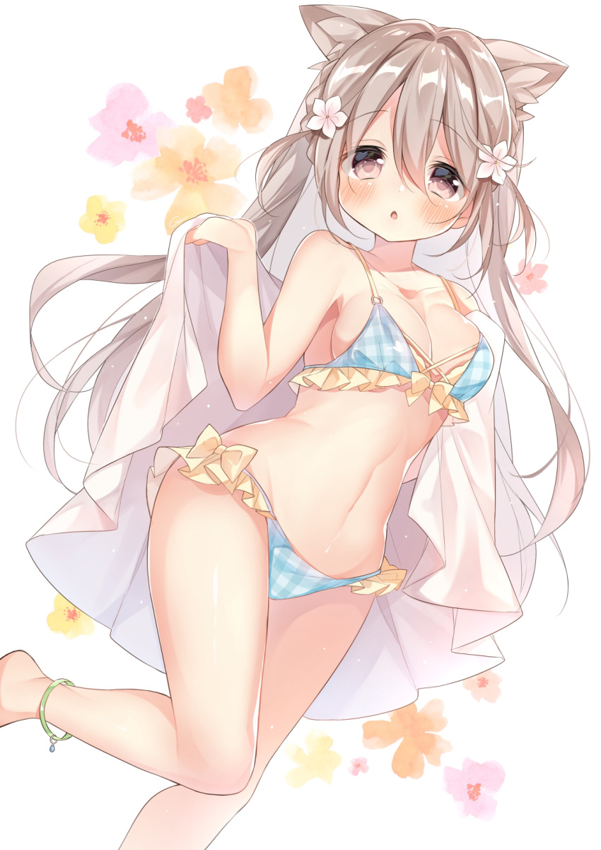 1girl animal_ears bikini breasts cat_ears cat_tail flower gau_(n00_shi) grey_eyes grey_hair hair_flower hair_ornament highres large_breasts long_hair looking_at_viewer navel original solo swimsuit tail twintails very_long_hair