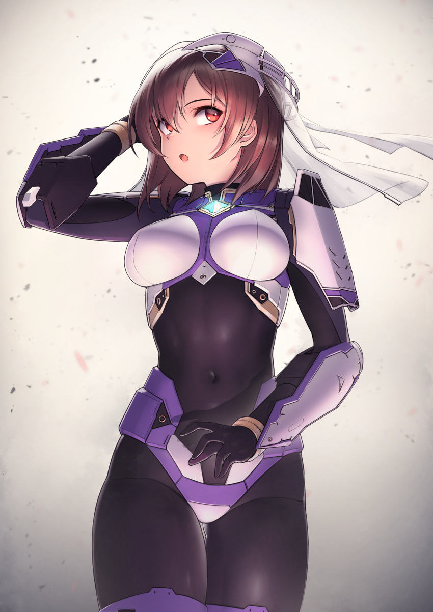 arm_guards armor bangs black_bodysuit blush bodysuit breastplate breasts brown_hair covered_navel dark_skin gloves hair_between_eyes headgear highres itaco large_breasts looking_at_viewer open_mouth original red_eyes sharifah_ozdil short_hair shoulder_armor sidelocks skin_tight thigh_strap thighs veil