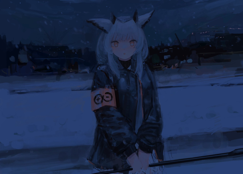 1girl :o animal_ears arknights armband as4kla bangs black_jacket blunt_bangs blush headwear highres holding holding_staff holding_weapon jacket long_hair long_sleeves night open_mouth orange_eyes outdoors owl_ears ptilopsis_(arknights) rhine_lab_logo sidelocks snow snowing solo staff weapon white_hair