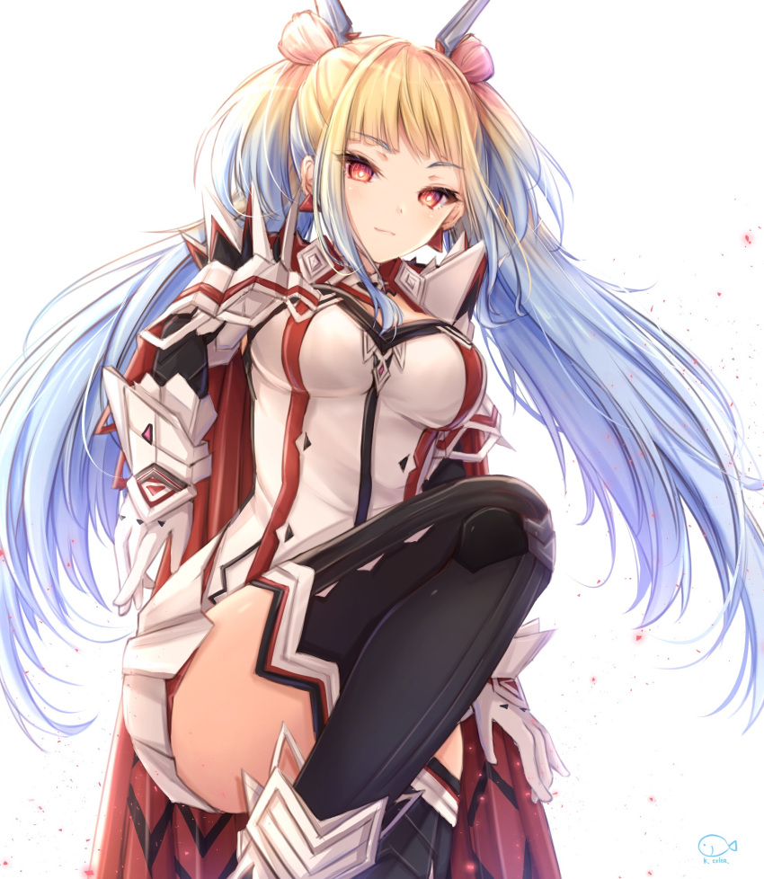 1girl armor bangs black_legwear blonde_hair blue_hair breasts cape closed_mouth commentary_request double_bun dress eyebrows_visible_through_hair gloves gradient_hair highres kiri_celea long_hair looking_at_viewer medium_breasts multicolored_hair phantasy_star phantasy_star_online_2 red_cape red_eyes redhead sheba_(pso2) shoulder_armor sidelocks simple_background solo spikes standing standing_on_one_leg thigh-highs vambraces very_long_hair white_background white_dress white_gloves