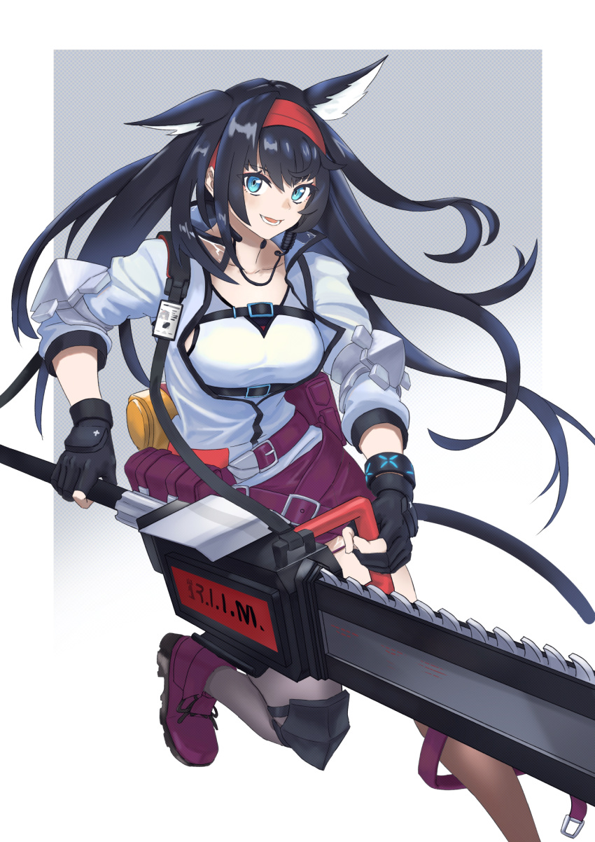 1girl :d animal_ears aqua_eyes arknights bangs belt black_gloves black_hair blaze_(arknights) breasts cat_ears chainsaw commentary_request gloves hair_between_eyes hairband highres holding holding_weapon jacket jiu_fanglianhua knee_pads long_hair long_sleeves looking_at_viewer medium_breasts open_mouth partial_commentary purple_footwear red_hairband shoes smile solo weapon white_jacket