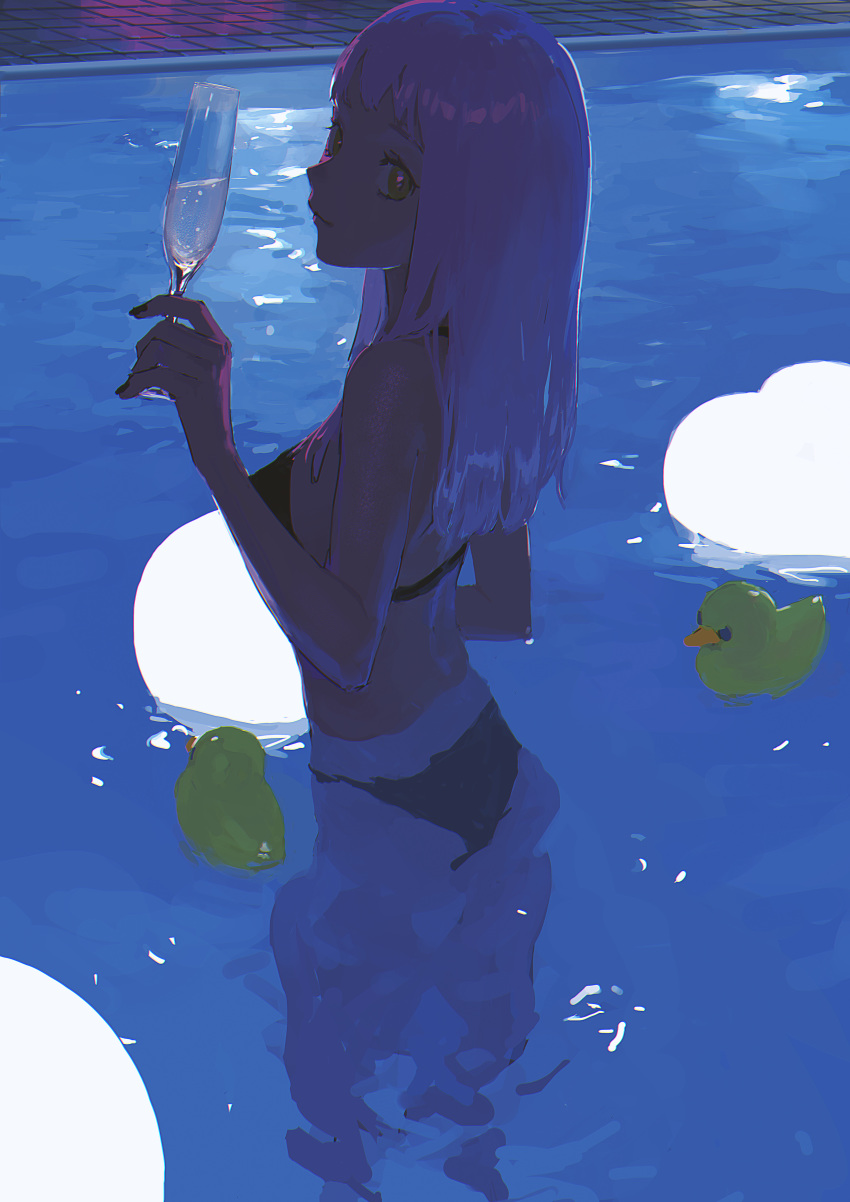 1girl absurdres bikini black_bikini champagne_flute cup dark drinking_glass from_behind highres holding holding_cup k1llg night original partially_submerged pool refraction rubber_duck silver_hair solo swimsuit wading yellow_eyes