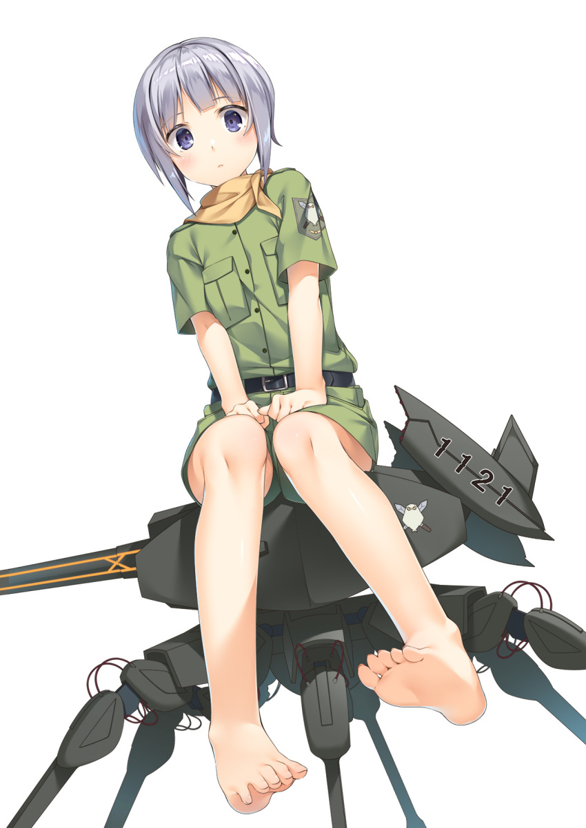 1girl anniversary bangs barefoot belt blue_eyes blunt_bangs blush commentary frown highres kannagi_noel knees_together_feet_apart looking_at_viewer military military_uniform ms-07-b3 scarf short_hair short_shorts shorts silver_hair simple_background sitting solo sora_no_woto uniform white_background