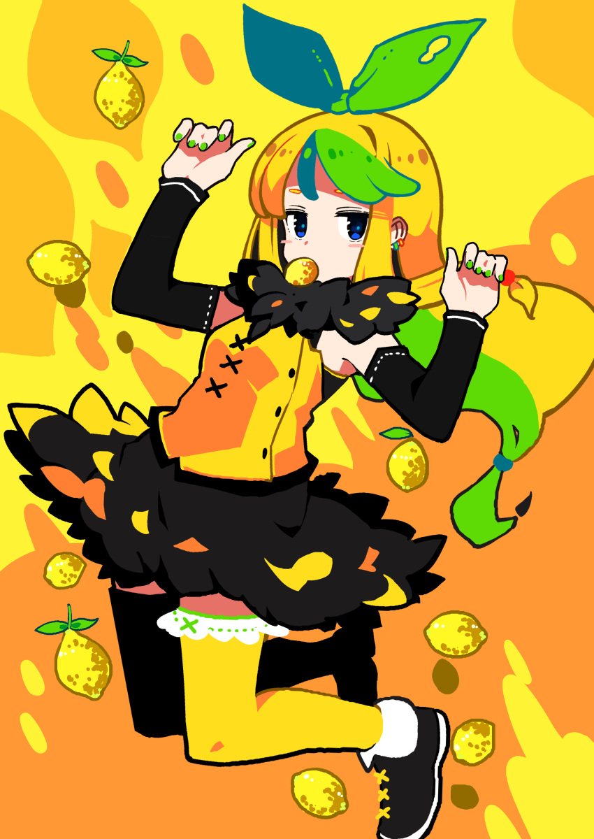 1girl absurdres arms_up black_footwear black_skirt blonde_hair blue_eyes blush_stickers bow commentary_request detached_sleeves ear_piercing food food_in_mouth fruit fur_collar green_nails hair_bow highres kurumitsu lemon long_hair looking_at_viewer mouth_hold multicolored_hair original piercing ponytail shirt shoes skirt sleeveless sleeveless_shirt solo thigh-highs yellow_background yellow_legwear yellow_shirt