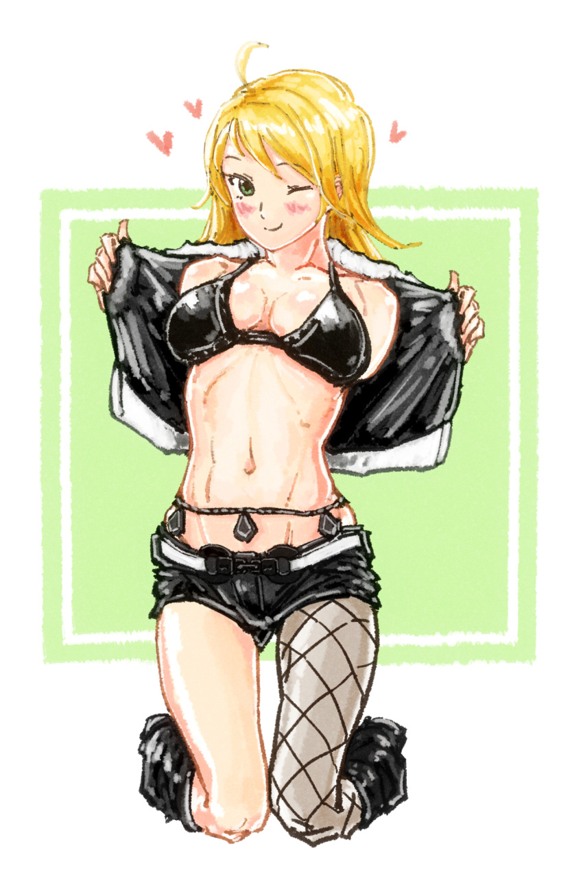 1girl ahoge blonde_hair blush breasts closed_mouth green_eyes highres hoshii_miki idolmaster long_hair looking_at_viewer navel one_eye_closed ooeyama_ken shorts smile solo