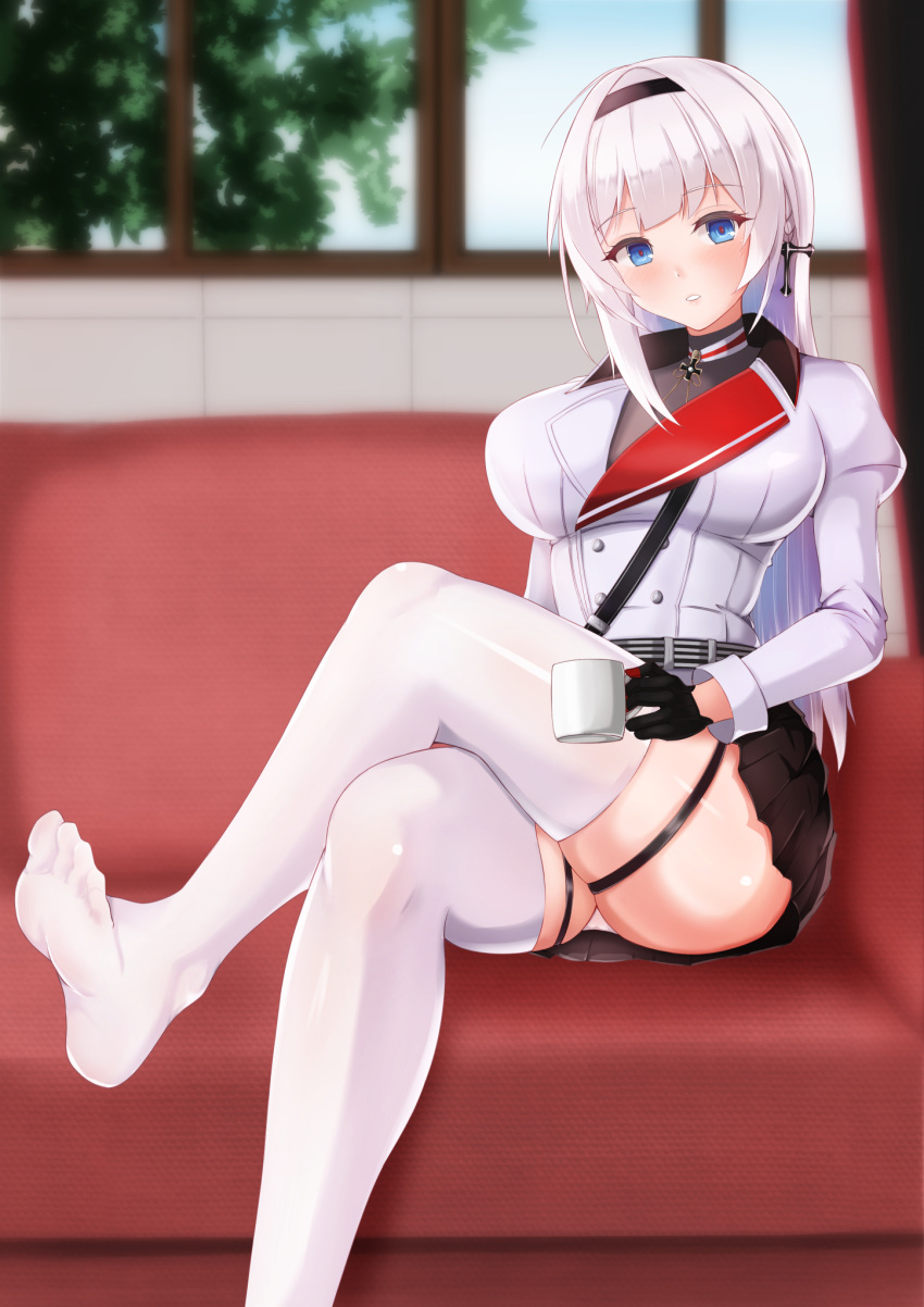 1girl azur_lane black_gloves black_skirt blue_eyes blush breasts couch cross cross_earrings cross_necklace crossed_legs cup earrings eyebrows_visible_through_hair feet gloves hairband highres jacket jewelry large_breasts long_hair looking_at_viewer mainz_(azur_lane) military_jacket necklace no_shoes silver_hair sitting skirt solo thigh-highs white_hair white_legwear