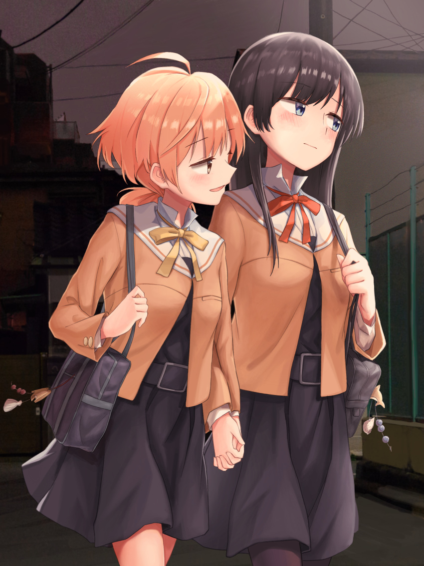 2girls absurdres ahoge bag black_hair blue_eyes blush commentary embarrassed highres holding_hands interlocked_fingers keychain koito_yuu long_hair looking_at_another looking_away medium_hair multiple_girls nanami_touko nowoka orange_hair outdoors power_lines red_ribbon ribbon road school_bag school_uniform skirt skyline smile smug street walking yagate_kimi_ni_naru yellow_eyes yellow_ribbon yuri