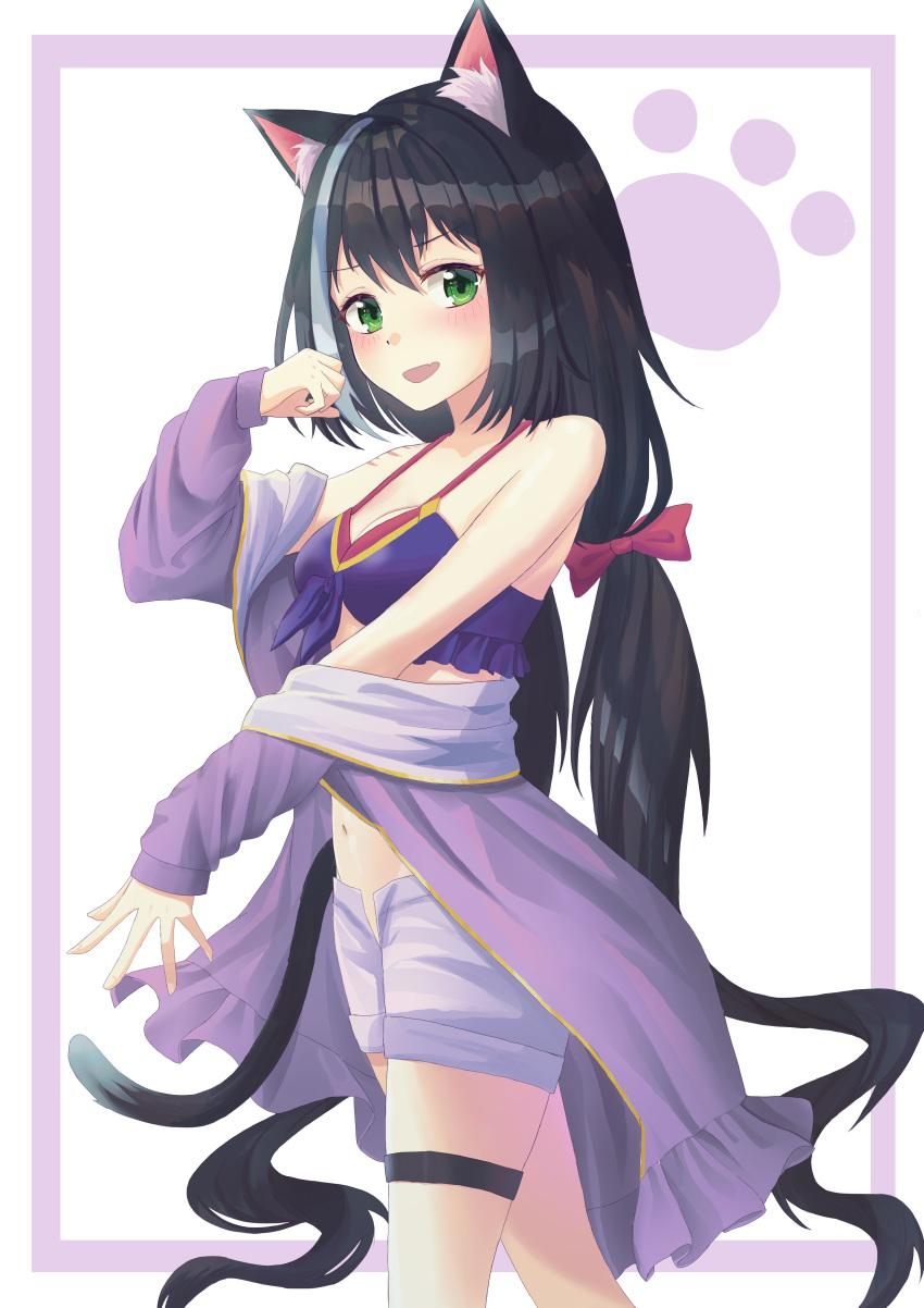 1girl absurdres animal_ear_fluff animal_ears bangs bare_shoulders bikini black_hair blush border bow breasts cat_ears cat_girl cat_tail commentary_request fang green_eyes hair_bow hand_up highres jacket karyl_(princess_connect!) long_hair long_sleeves looking_at_viewer low_twintails multicolored_hair navel off-shoulder_jacket open_clothes open_mouth open_shorts paw_print princess_connect! princess_connect!_re:dive purple_bikini purple_border purple_jacket red_bikini red_bow shorts smile solo streaked_hair swimsuit tail thigh_strap twintails uro_(sklo6644) very_long_hair white_background white_hair white_shorts