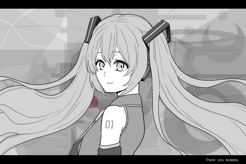 1girl greyscale hatsune_miku headset highres long_hair monochrome pami_a117 solo song_request twintails upper_body very_long_hair vocaloid wowaka