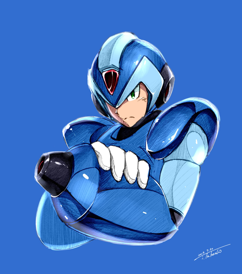 1boy absurdres android arm_cannon blue_background dated green_eyes helmet highres i.takashi robot rockman rockman_x signature solo upper_body weapon x_(rockman)