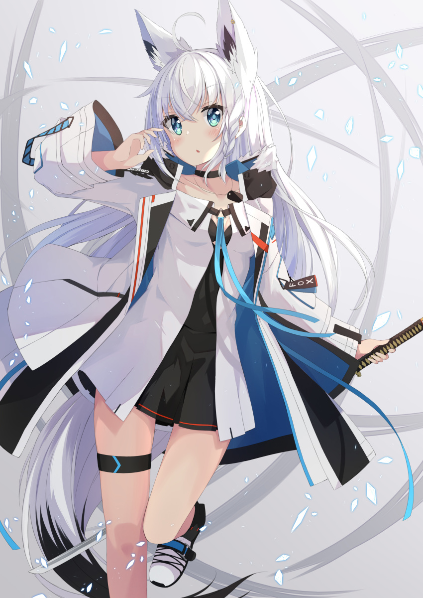 1girl absurdres animal_ears arm_up black_bra black_choker black_dress blush boots bra braid choker collarbone commentary_request dog_tags dress eyebrows_visible_through_hair fox_ears fox_girl fox_tail green_eyes grey_background hair_between_eyes highres holding holding_sword holding_weapon hololive jacket katana leg_up light_particles long_hair looking_at_viewer lr_(last_remote_514) open_clothes open_jacket open_mouth shirakami_fubuki shirt single_braid solo sword tail thigh_strap underwear virtual_youtuber weapon white_hair white_jacket white_shirt