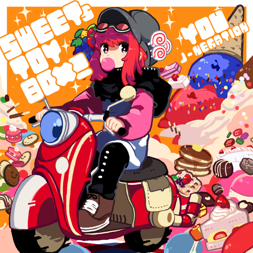 1girl absurdres album_cover black_pants black_scarf brown_footwear bubble_blowing cake candy chewing_gum commentary_request cover dessert eyewear_on_head food food_themed_hair_ornament fruit goggles grey_headwear ground_vehicle hair_ornament hat highres j-neration kurumitsu lollipop long_sleeves macaron medium_hair motor_vehicle original pancake pants pink_eyes red-tinted_eyewear redhead riding scarf scooter shoes sweater vespa