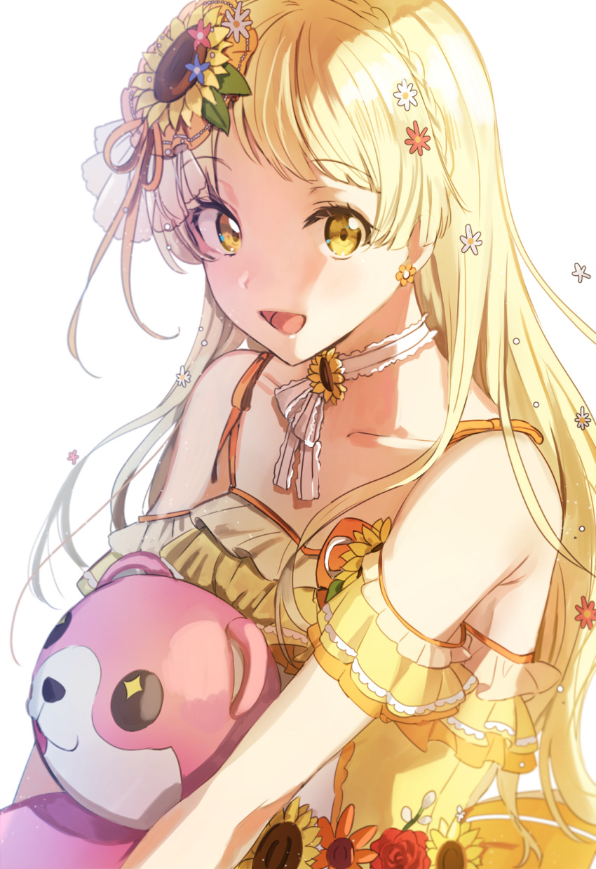 1girl :d bang_dream! bangs bare_shoulders blonde_hair blue_flower braid character_doll collarbone commentary_request detached_sleeves dress dress_flower earrings eyebrows_visible_through_hair flower flower_earrings frilled_dress frills hair_flower hair_ornament hair_ribbon highres holding holding_stuffed_animal jewelry light_particles long_hair looking_at_viewer michelle_(bang_dream!) neck_ribbon open_mouth orange_ribbon red_flower red_rose ribbon rose shade shiny shiny_hair short_sleeves simple_background sleeveless sleeveless_dress smile solo stuffed_animal stuffed_toy sunflower swept_bangs teddy_bear tiny_(tini3030) tsurumaki_kokoro upper_body white_background white_flower white_neckwear white_ribbon yellow_dress yellow_eyes yellow_flower