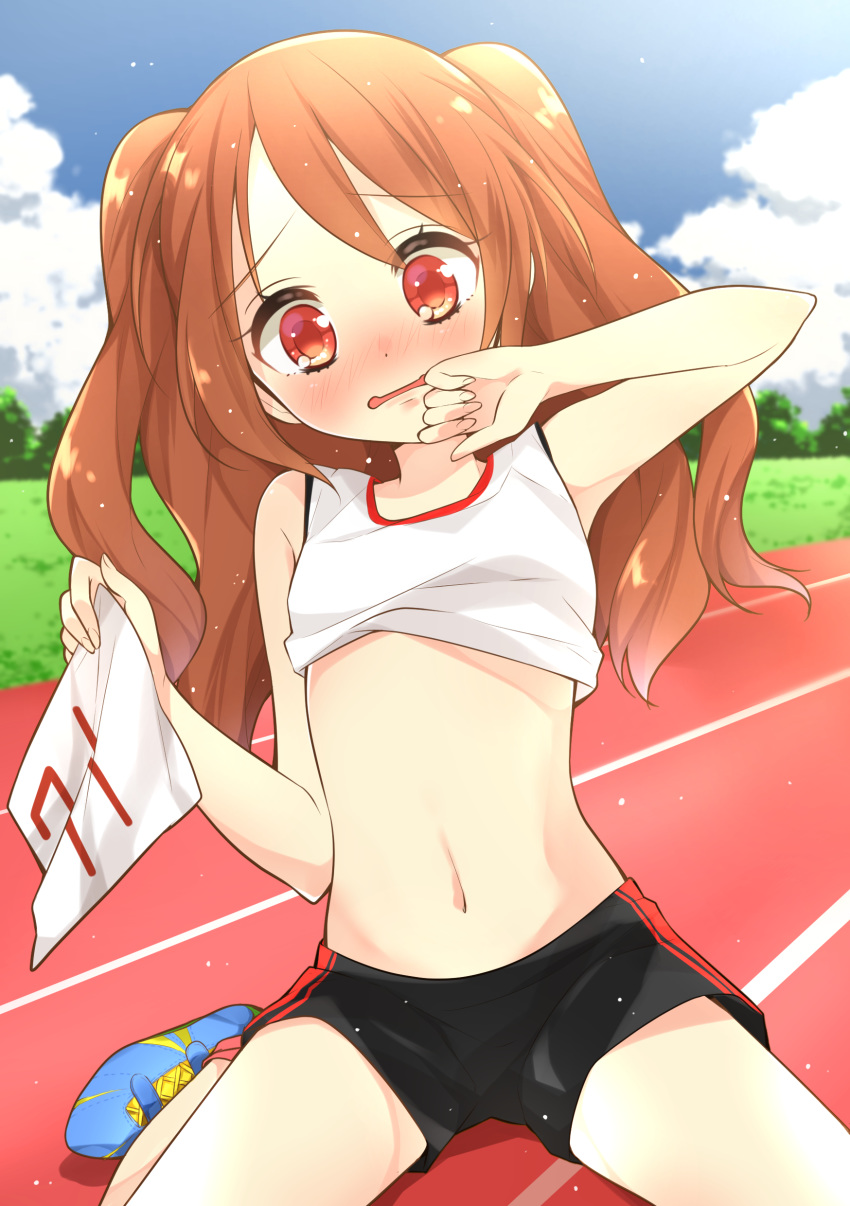 1girl absurdres brown_hair embarrassed flat_chest gau_(n00_shi) highres long_hair looking_at_viewer moe2017 navel numbered original red_eyes solo track_and_field