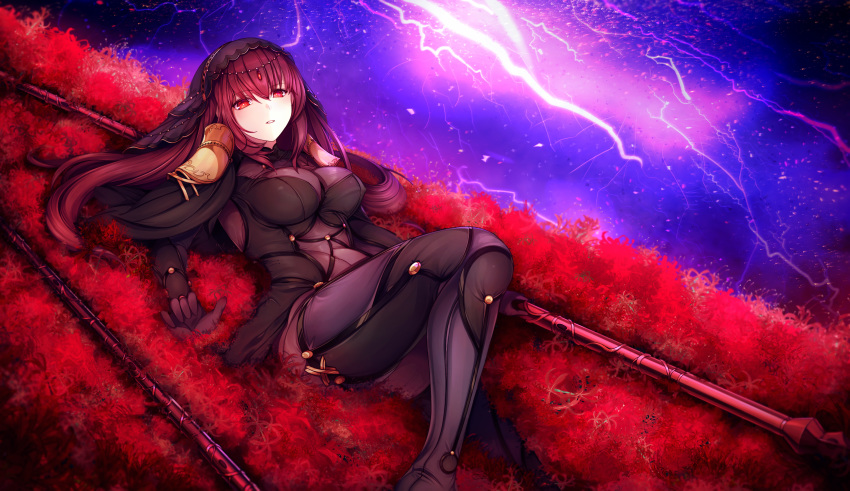 1girl absurdres armor bodysuit breasts capelet covered_navel fate/grand_order fate_(series) flower gae_bolg hair_intakes highres huge_filesize large_breasts long_hair lying on_back pauldrons polearm purple_bodysuit purple_hair red_eyes red_flower rlf_00 scathach_(fate)_(all) scathach_(fate/grand_order) shoulder_armor solo spear veil weapon