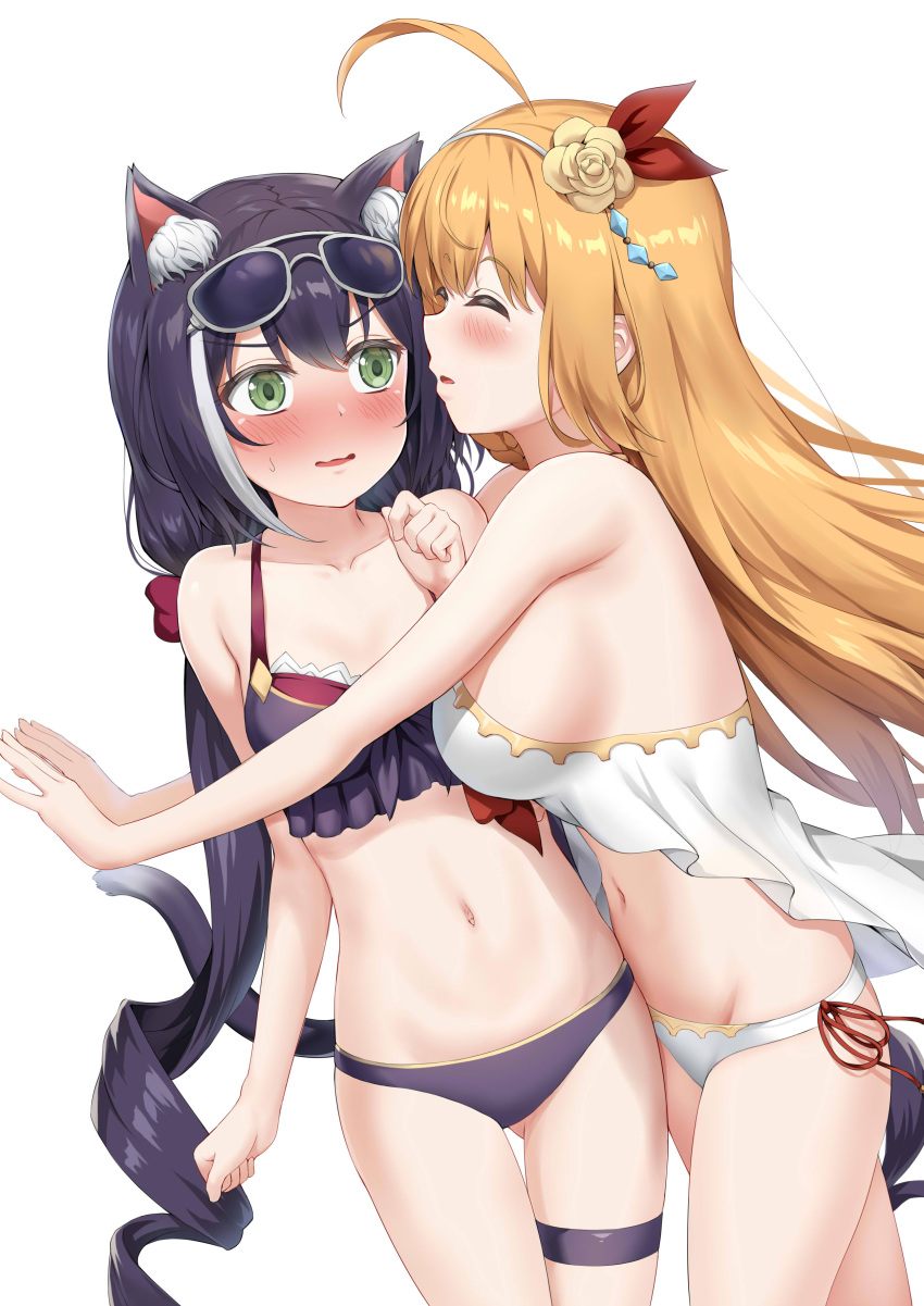 2girls absurdres ahoge animal_ear_fluff animal_ears arm_at_side ass_visible_through_thighs bangs bare_arms bare_shoulders bikini black_bikini black_hair blush breasts cat_ears cat_girl cat_tail collarbone cowboy_shot eyebrows_visible_through_hair eyewear_on_head flower green_eyes hair_flower hair_ornament hand_on_own_chest highres hug imminent_kiss karyl_(princess_connect!) large_breasts long_hair low_twintails multicolored_hair multiple_girls navel nedia_(nedia_region) nose_blush orange_hair parted_lips pecorine princess_connect! princess_connect!_re:dive red_ribbon ribbon rose side-tie_bikini sideboob simple_background stomach streaked_hair sunglasses swimsuit tail thigh_gap thigh_strap twintails two-tone_hair v-shaped_eyebrows very_long_hair white-framed_eyewear white_background white_bikini white_hair yellow_flower yellow_rose yuri