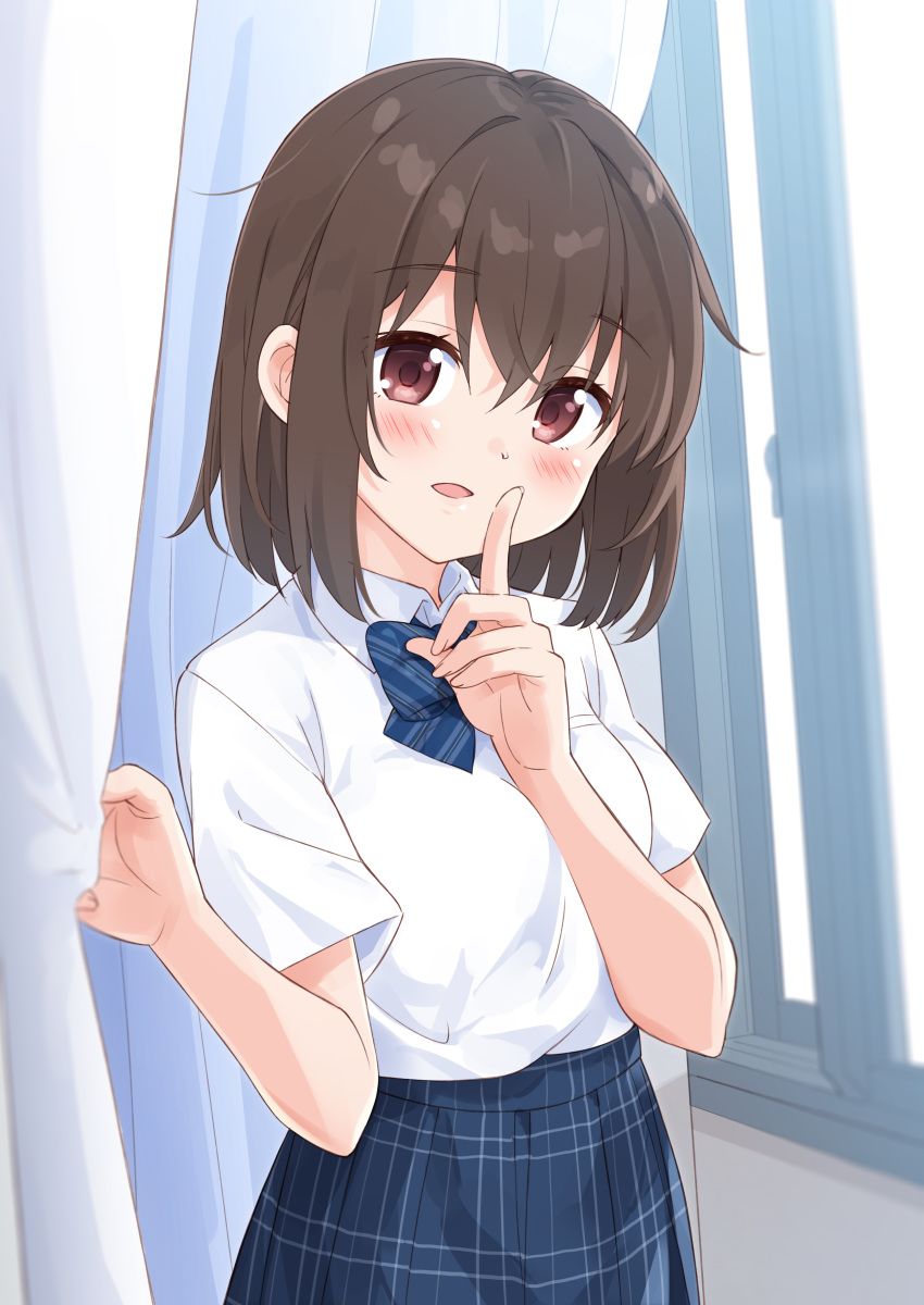 1girl absurdres bangs blue_bow blue_skirt blush bow breasts brown_eyes brown_hair collared_shirt commentary_request curtain_grab curtains diagonal_stripes eyebrows_visible_through_hair hair_between_eyes hands_up highres index_finger_raised indoors looking_at_viewer mousou_(mousou_temporary) original parted_lips pleated_skirt school_uniform shirt short_sleeves skirt small_breasts solo striped striped_bow white_shirt window