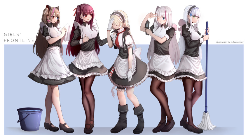 5girls absurdres apron bucket cellphone cosplay facepalm flip_phone g36_(girls_frontline) girls_frontline highres hk416_(girls_frontline) ksartworks maid maid_apron maid_headdress mdr_(girls_frontline) mk23_(girls_frontline) mop multiple_girls phone self_shot wa2000_(girls_frontline)