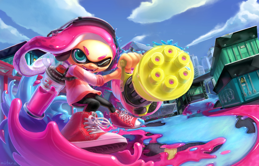 1girl aqua_eyes arm_up black_legwear blue_sky building clouds cross-laced_footwear day domino_mask english_commentary fangs flat_chest forehead full_body hand_up happy headphones heavy_splatling_(splatoon) highres holding holding_weapon ink_tank_(splatoon) inkling leggings long_hair long_sleeves mask miitara one_eye_closed open_mouth outdoors paint pink_hair pink_shirt red_footwear shiny shiny_hair shirt shoes sky skyscraper smile solo splatoon_(series) splatter standing striped striped_shirt teeth tentacle_hair tentacles twintails weapon