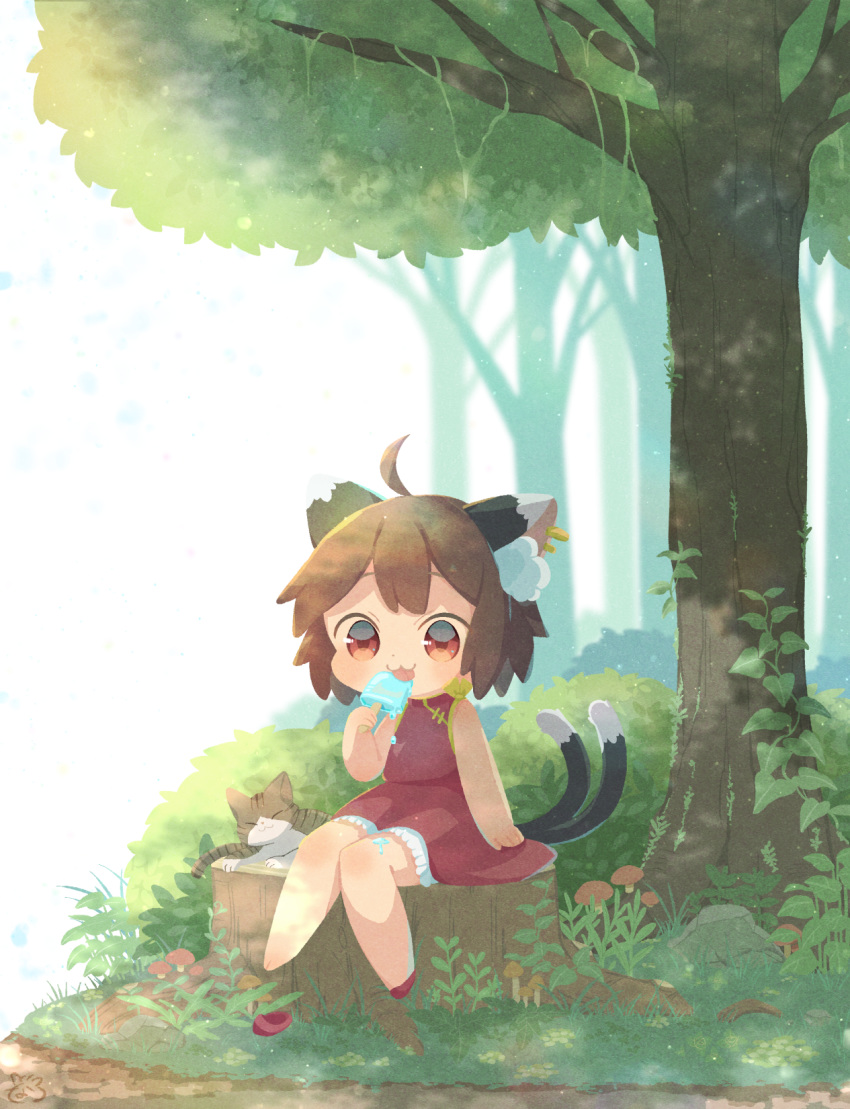 1girl :3 :p ahoge animal_ear_fluff animal_ears bare_arms blurry blurry_background brown_hair cat cat_ears cat_tail chen chibi commentary_request dripping earrings food grass highres holding holding_food ibaraki_natou jewelry licking looking_at_viewer multiple_tails mushroom no_lineart popsicle red_eyes red_footwear red_skirt red_vest shoes shoes_removed short_hair signature single_shoe sitting skirt solo tail tongue tongue_out touhou tree tree_stump under_tree vest