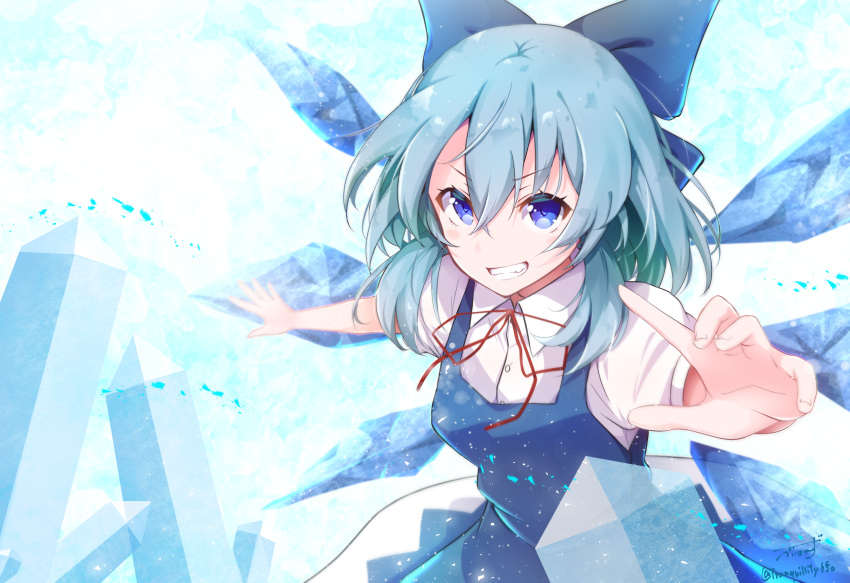 1girl baileys_(tranquillity650) blue_bow blue_dress blue_eyes blue_hair bow cirno collared_shirt commentary_request dress eyebrows_visible_through_hair grin hair_between_eyes hair_bow highres ice ice_wings looking_at_viewer medium_hair neck_ribbon outstretched_arm pinafore_dress red_neckwear ribbon shirt short_sleeves smile solo touhou white_shirt wings