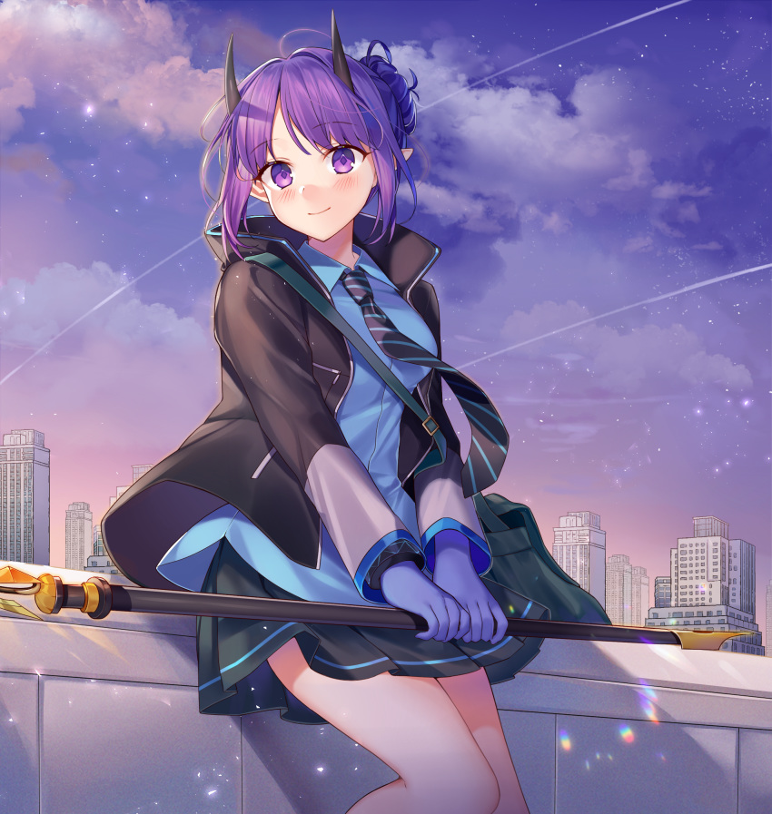 1girl arknights black_jacket black_skirt blue_gloves blue_shirt clouds cloudy_sky collared_shirt dusk gloves gradient_sky hibiscus_(arknights) highres holding horns ion_(on01e) jacket long_sleeves looking_at_viewer miniskirt necktie open_clothes open_jacket outdoors pleated_skirt pointy_ears purple_hair purple_sky shirt short_hair sidelocks skirt sky smile solo staff striped striped_neckwear violet_eyes